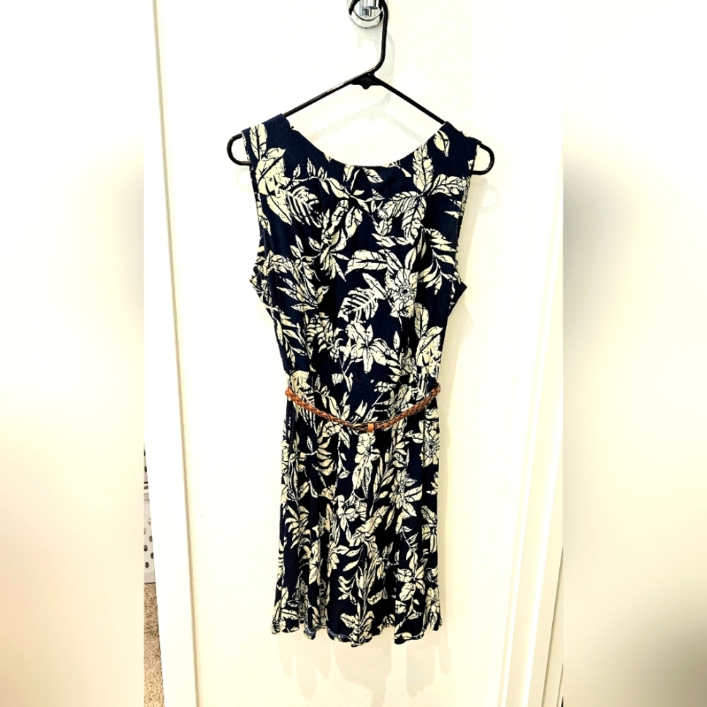 AB Studio sleeveless tropical dress, blue and off white,  size 14